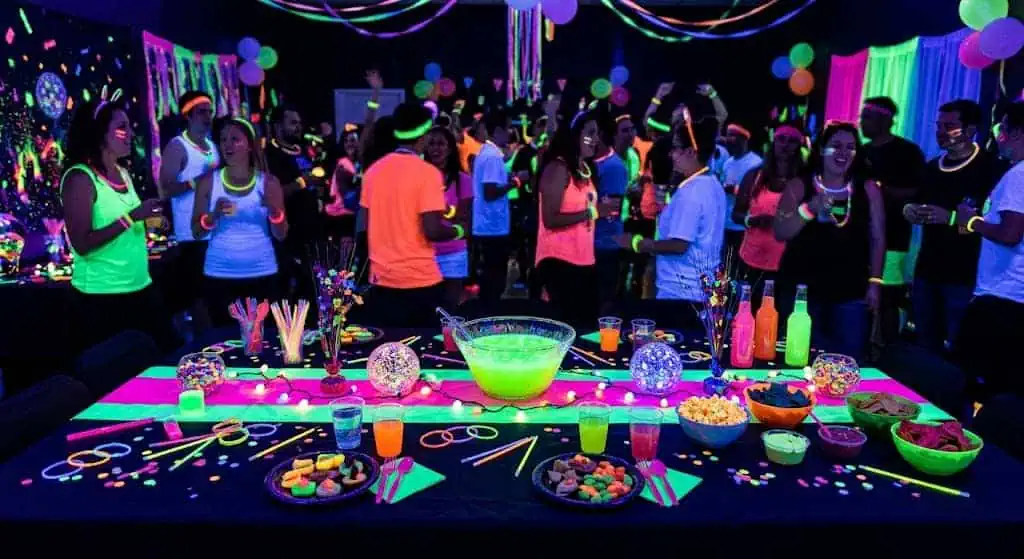glow table setup with neon tablecloth and UV-reactive cups