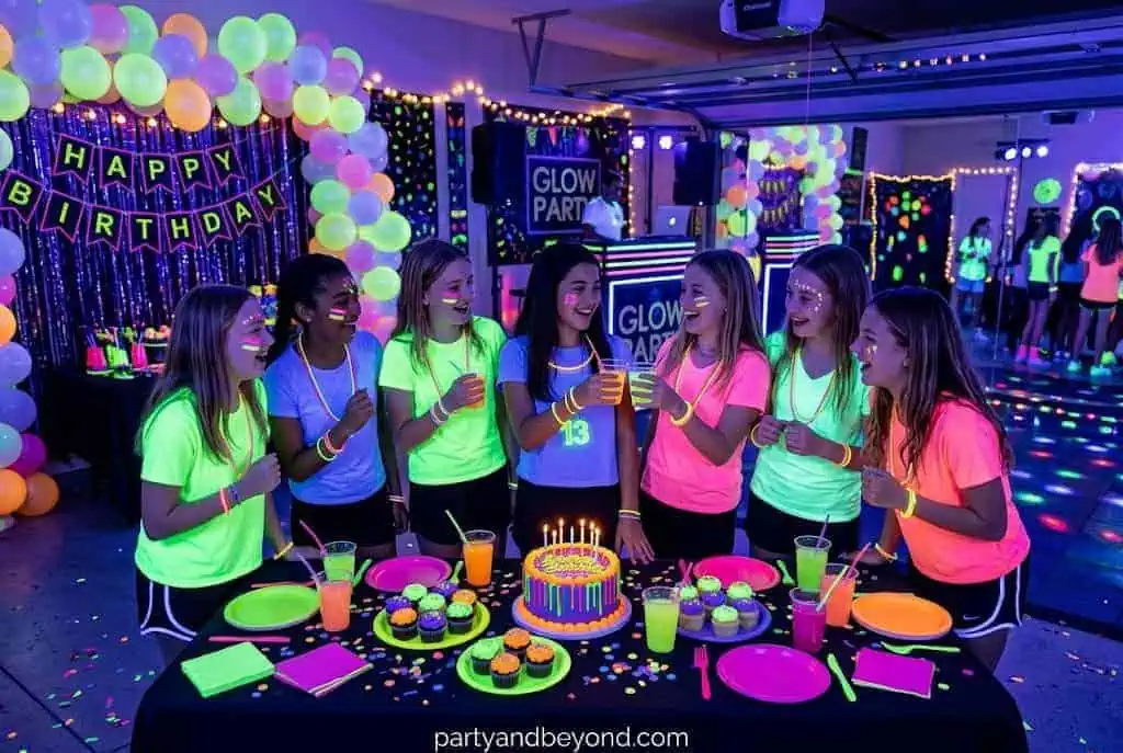 Glow in the dark birthday party with blacklights and neon decorations