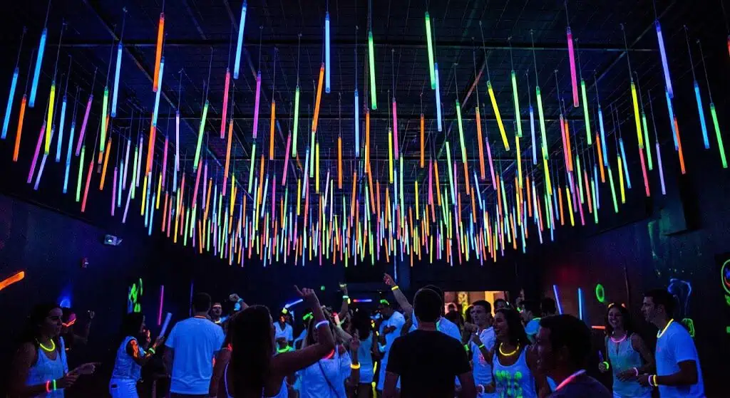 glow stick ceiling canopy hanging at a neon glow party