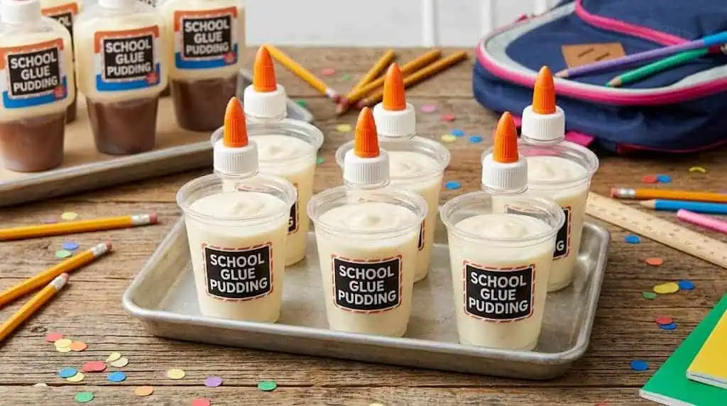 Glue bottle pudding cups with orange gumdrop tops – back to school party food