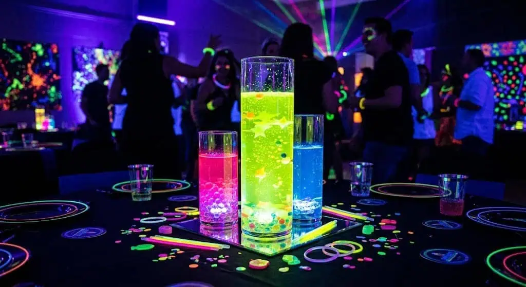highlighter water centerpieces glowing under blacklight