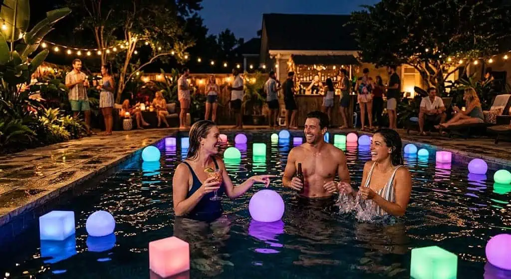 LED floating pool lights for an adult pool party