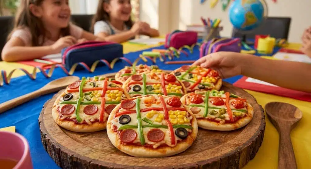 Mini pizza report cards with pepperoni A+ topping – back to school party food