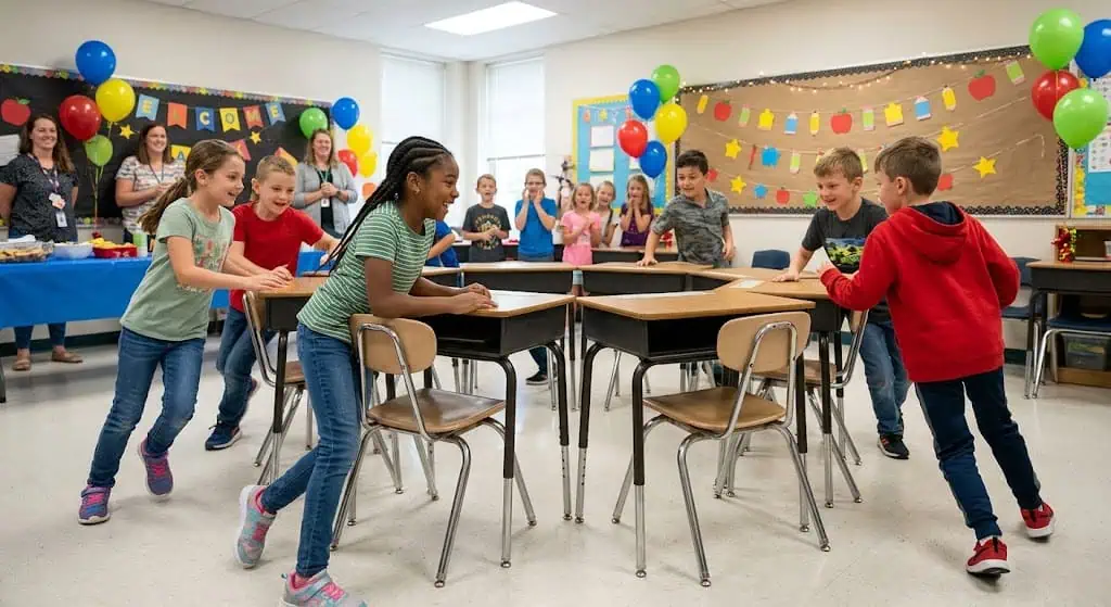 Musical Desks — back to school party games for kids