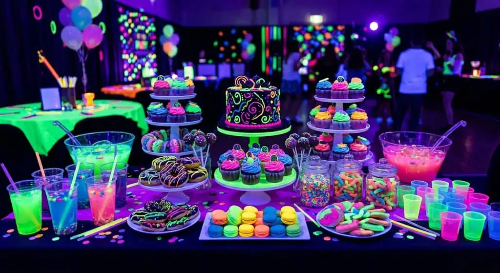 neon dessert table with glowing candy and cupcakes