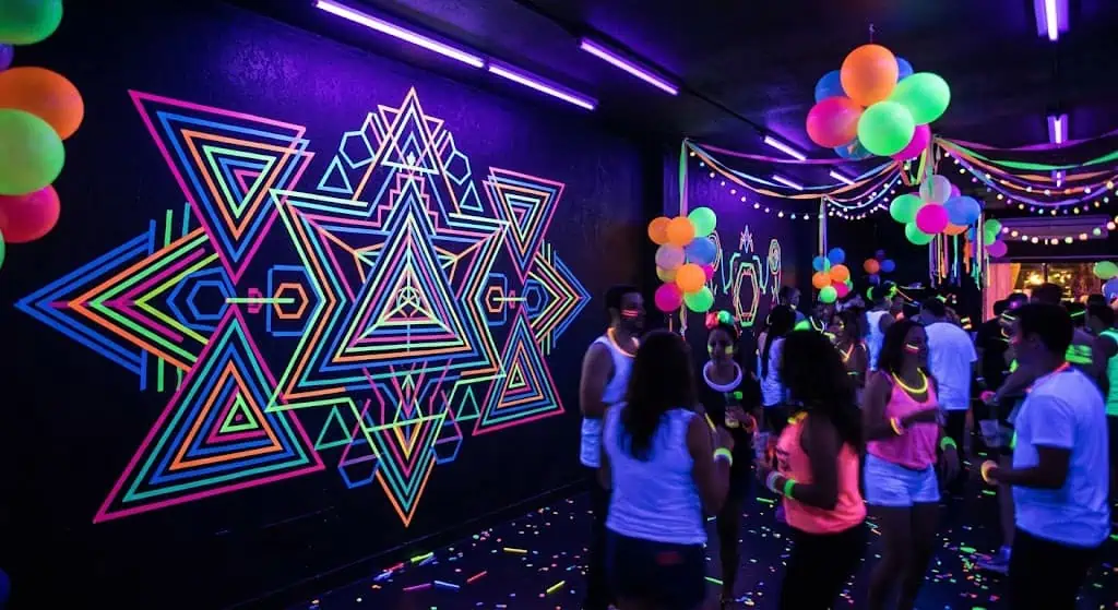 neon tape geometric wall art for a blacklight party