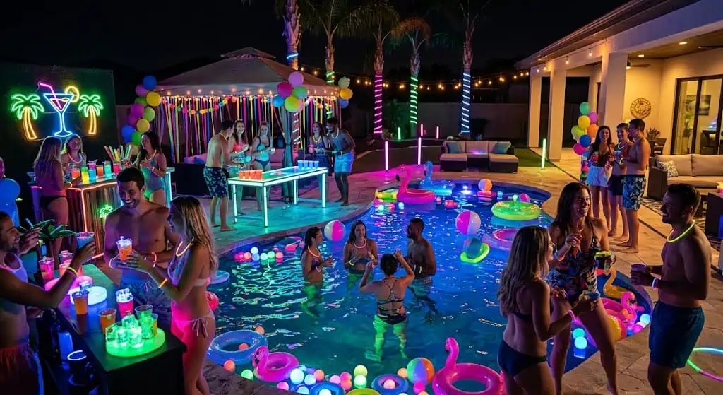 Neon / glow night setup for an adult pool party