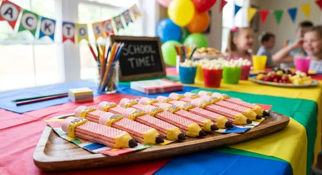 Pencil sugar wafers dipped in chocolate and sprinkles – back to school party food