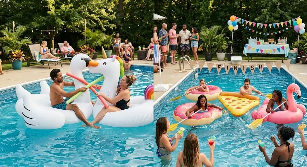 Pool noodle jousting and float races for an adult pool party