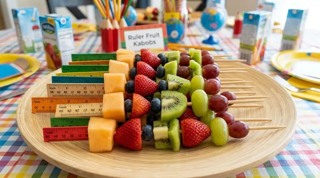 Ruler fruit kabobs with grapes, melon, and strawberries – back to school party food