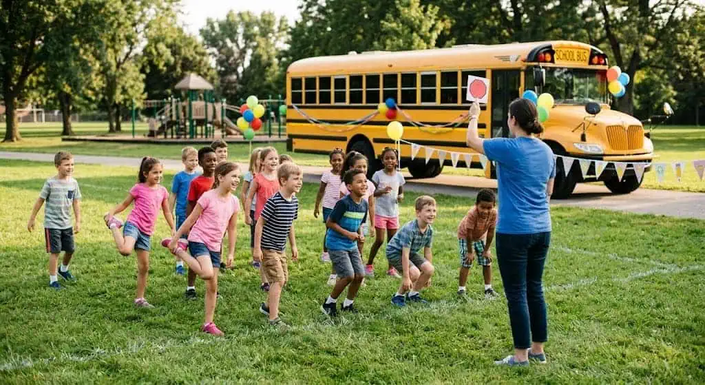 School Bus Red Light, Green Light — back to school party games for kids