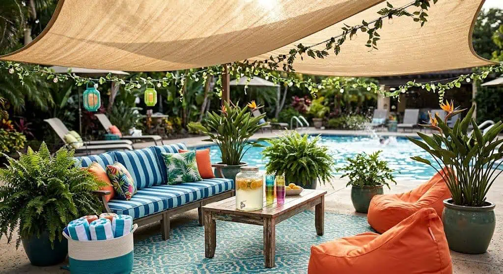 Shaded chill zone with pop-up canopy and folding chairs beside the pool – pool party idea