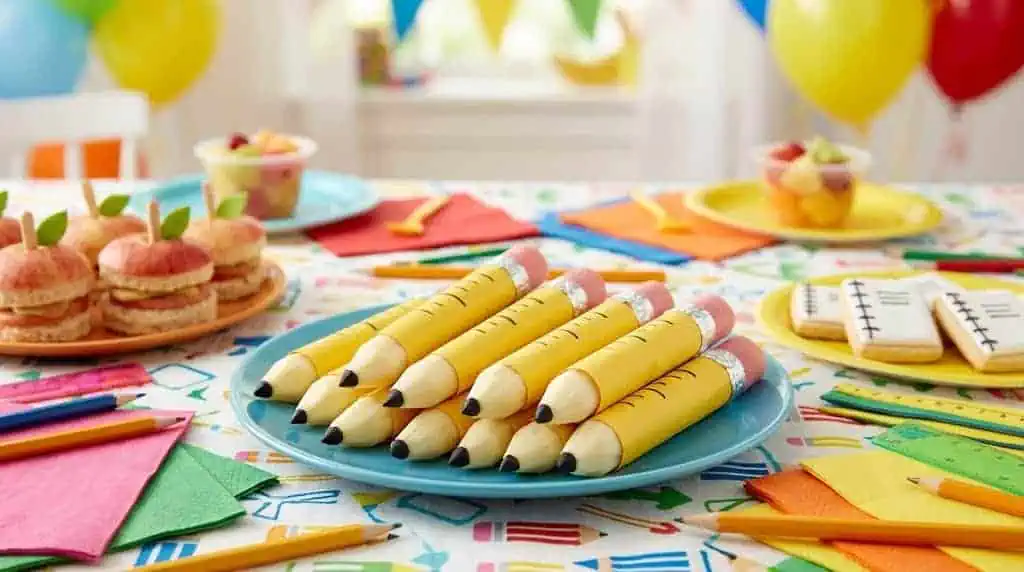 Sharpened pencil cheese sticks wrapped in yellow paper – back to school party food