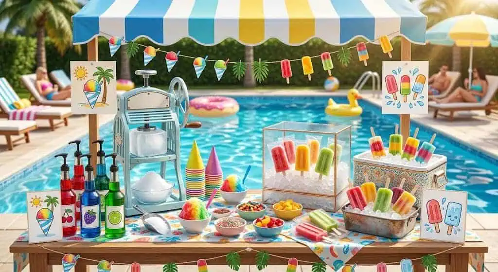 Snow cone and popsicle station with colorful syrups – pool party food idea