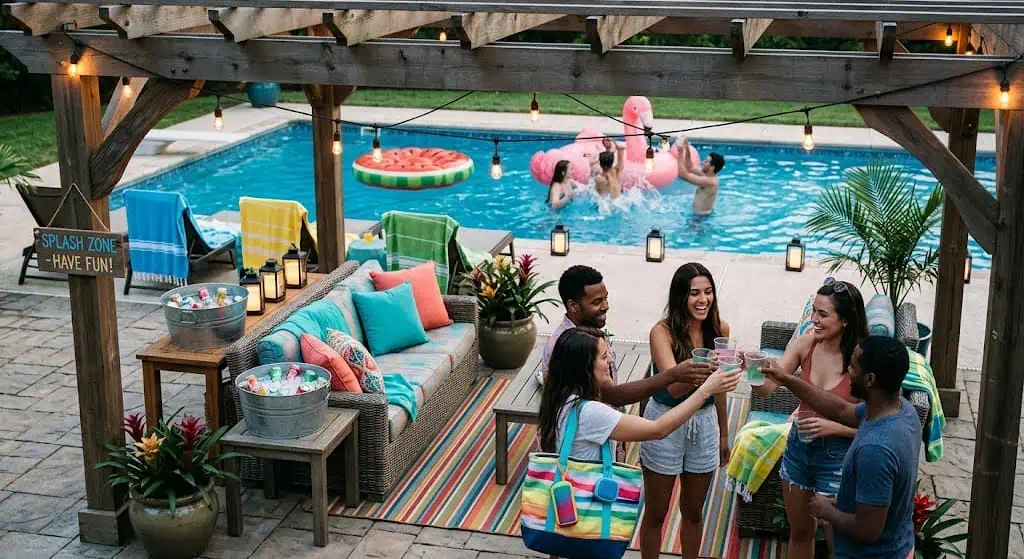 String lights hung over a patio seating area at dusk – pool party idea