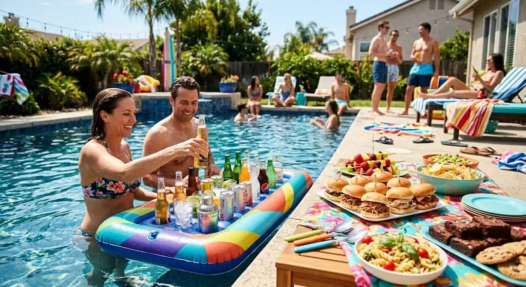 Inflatable drink holders floating in the pool with cold cans – pool party idea