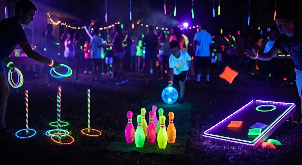 glow party games with glow stick ring toss and bowling