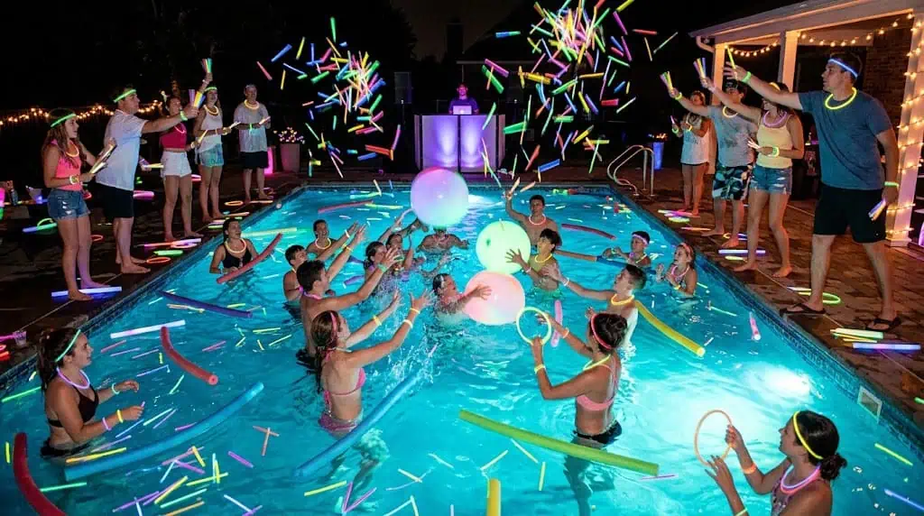 Glow sticks lighting up pool water at night – pool party finale idea