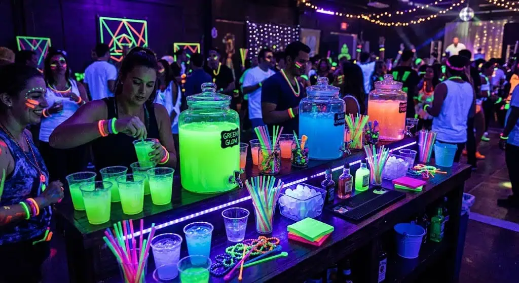 glowing tonic water drink station under blacklight