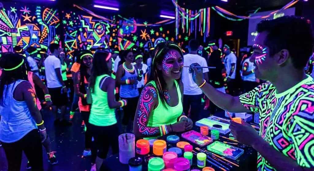 UV body paint station at a neon glow party