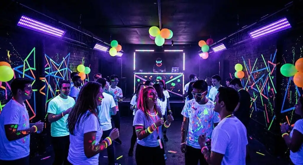 UV LED blacklight flood bars lighting a neon glow party room