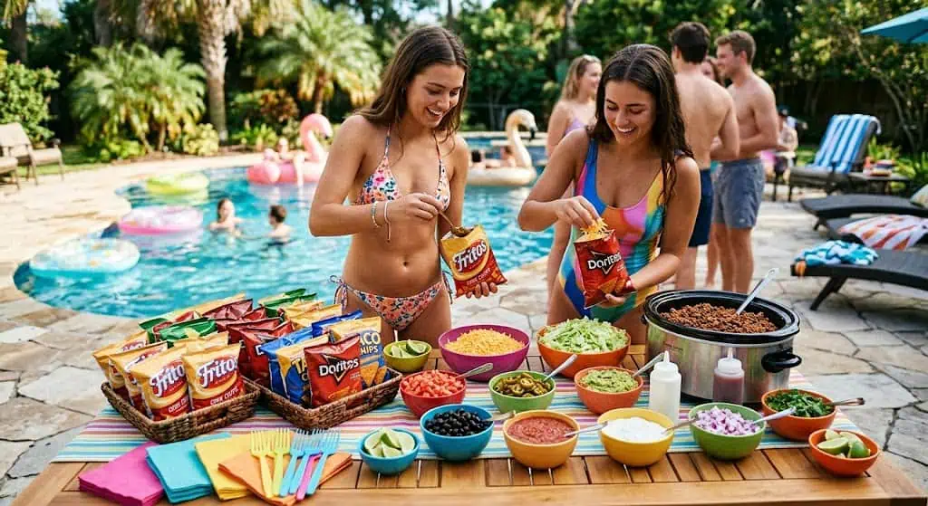 Walking taco bar with chip bags, taco meat, and toppings – pool party food idea