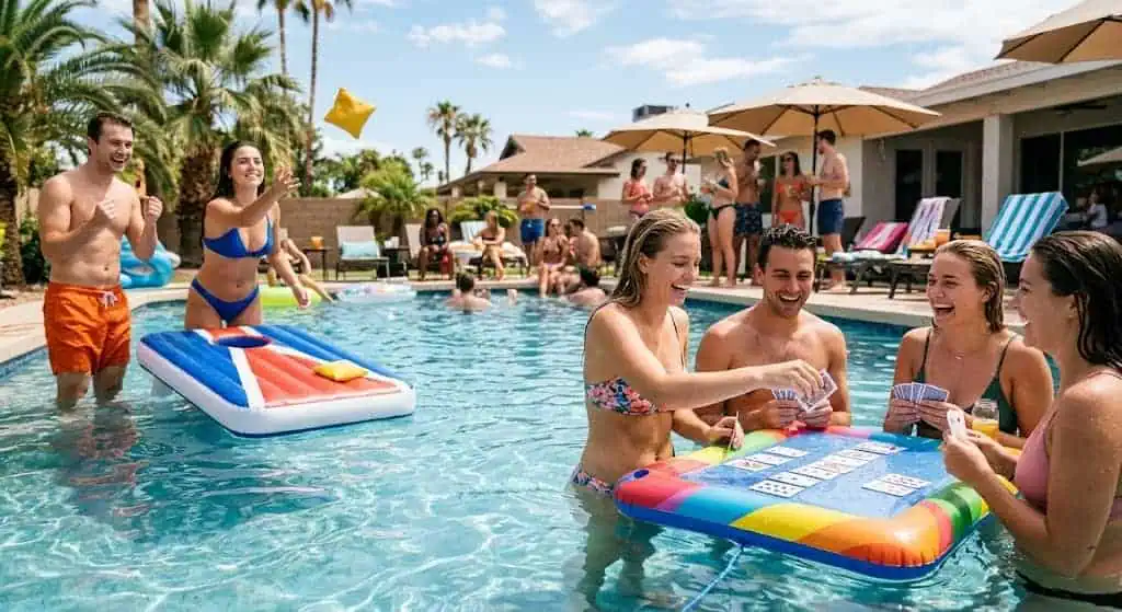 Waterproof playing cards and floating cornhole set – pool party game idea