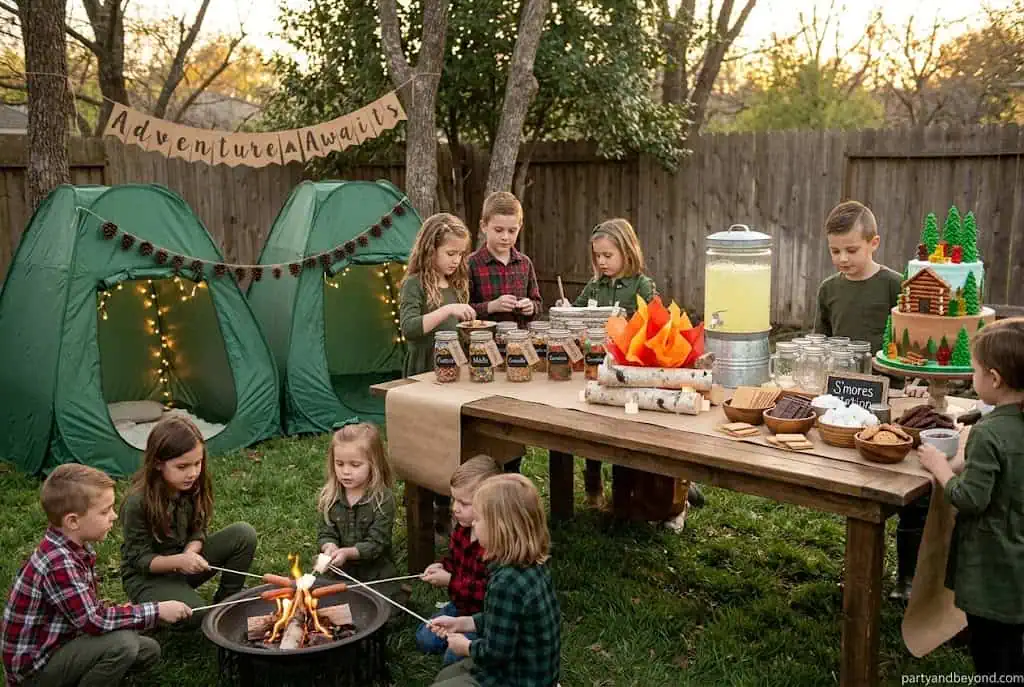 Classic campsite theme with pop-up tents and faux campfire – camping birthday party ideas for kids